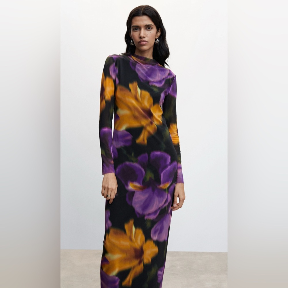 Mango Black Maxi Dress Floral High Neck Bodycon Dress - Picture 3 of 7